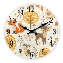 Cute Cartoon Forest Fox Deer Oil Painting Wooden Wall Clock Living Room Bedroom Kitchen Home Decoration Silent Quartz Clock Holiday Gift 10 Inches 12 Inches 14inch 16inch (No Battery)