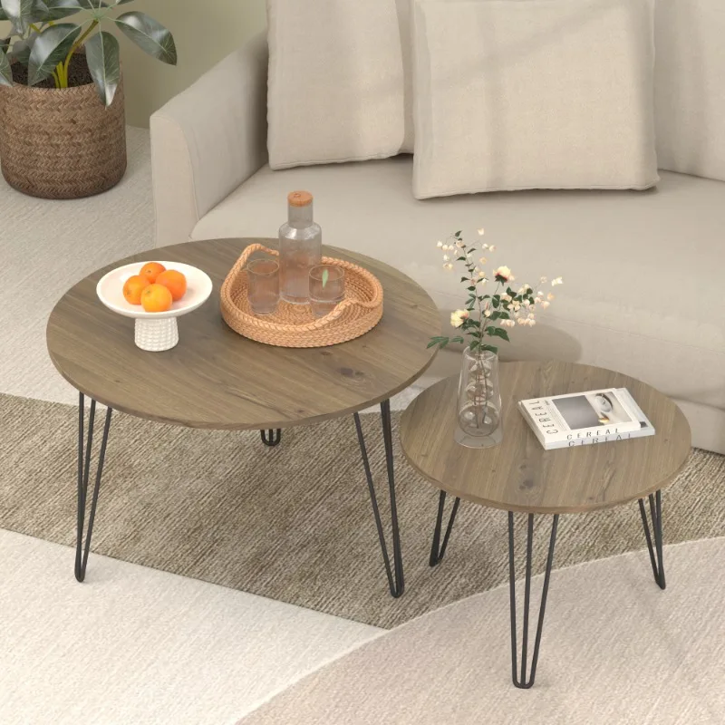 

Circular nested coffee table circular wooden tabletop sturdy metal base space saving nested table cover