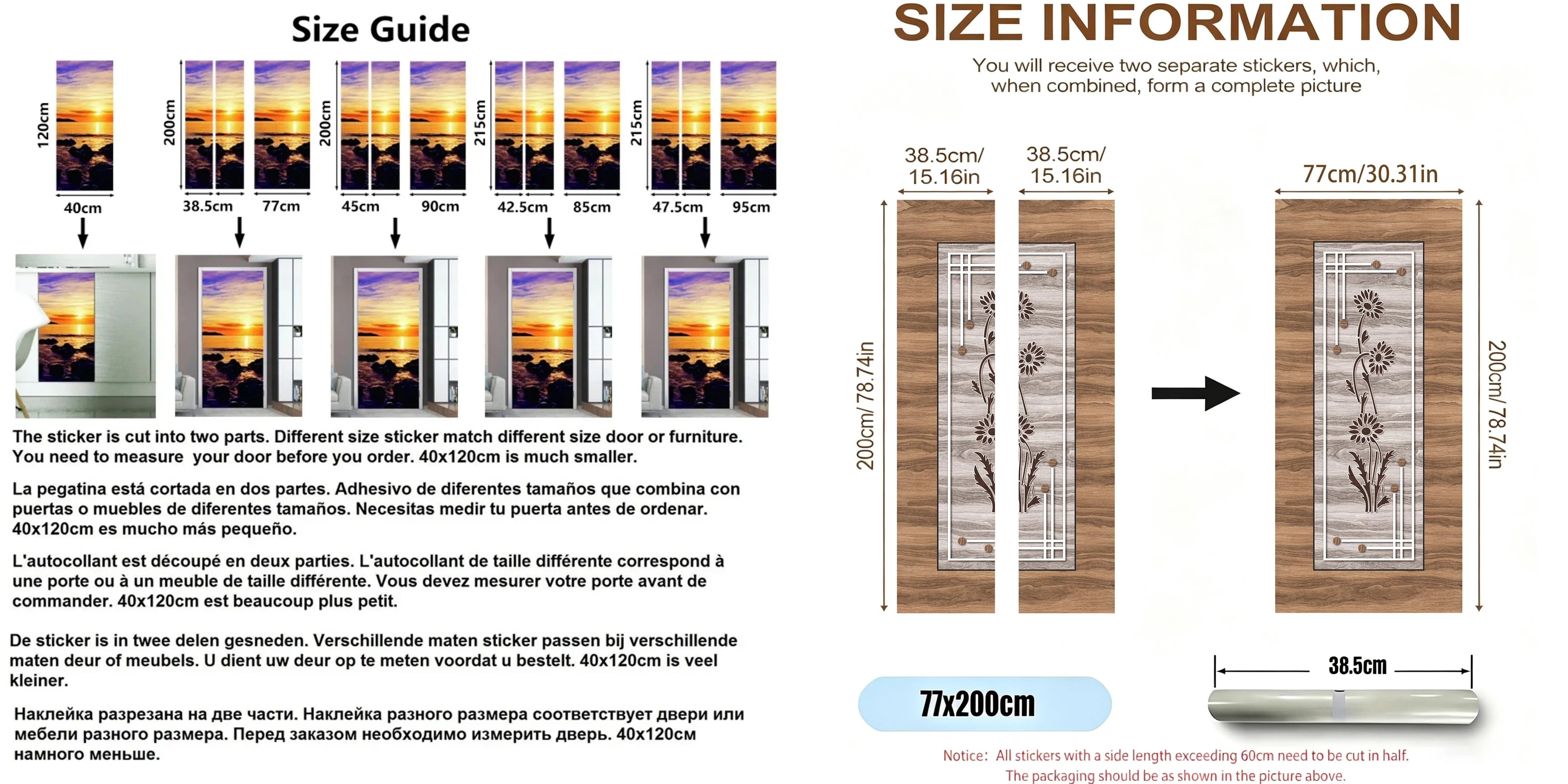 Door Decal Waterproof Removable Two‑tone Wood Grain White Curly Floral Ornament Decal Home Entry Door Decor Room Makeover