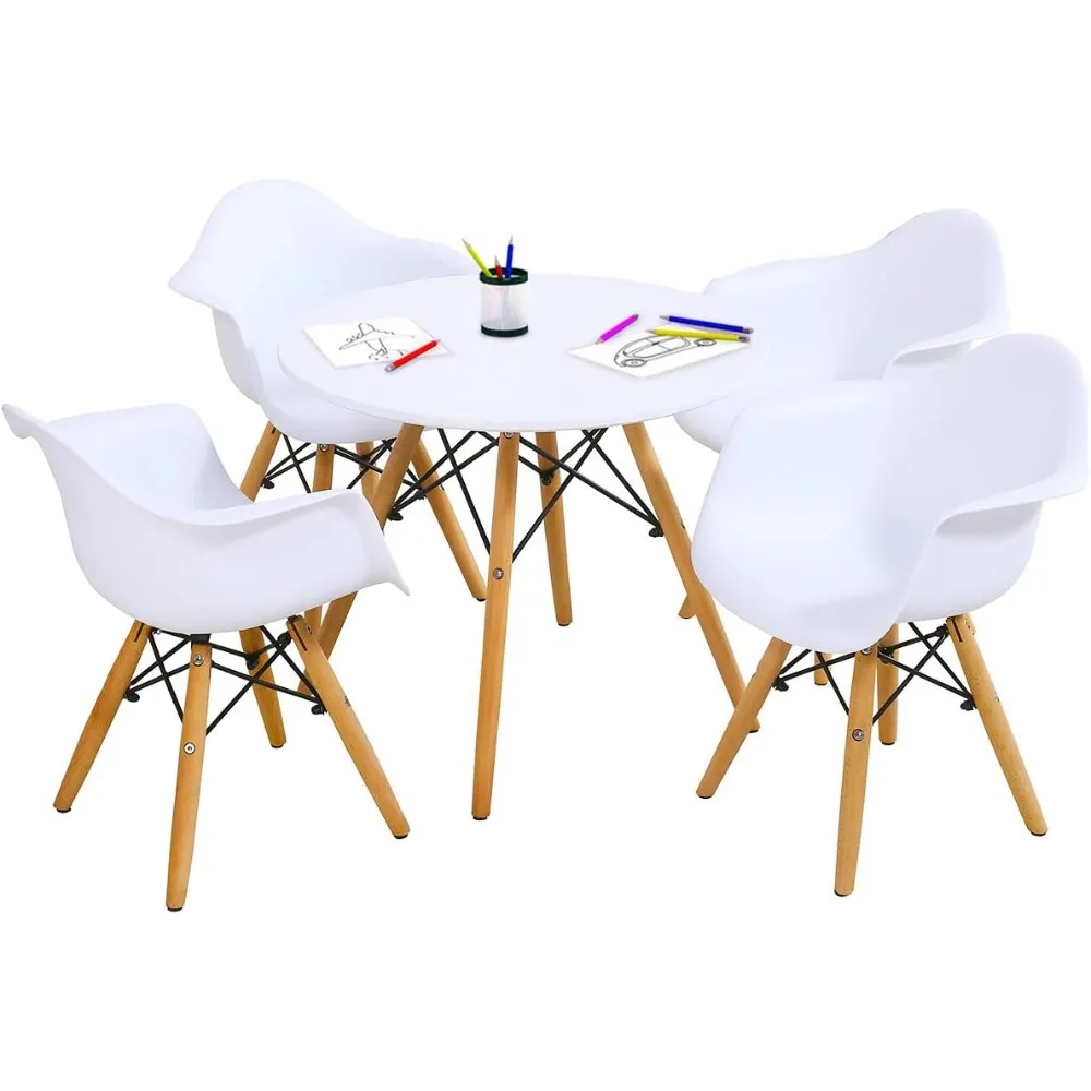 

Kids Table and Chair Set, Mid-Century Modern Style Table Set Round Table with Armchairs for Toddler Children, Kids Dining