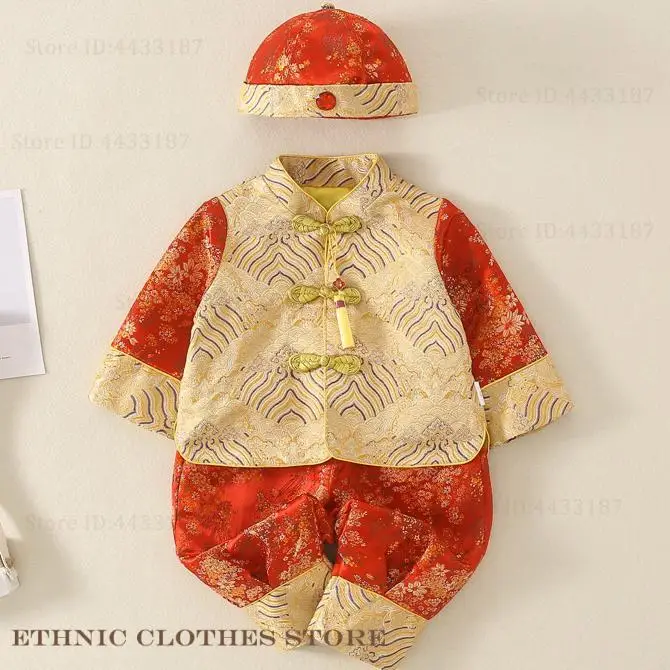 

Традиционный китайский костюм Тан для маленьких детей, весенняя праздничная новогодняя одежда, униформа ханьфу, изысканный парчовый костюм на один год