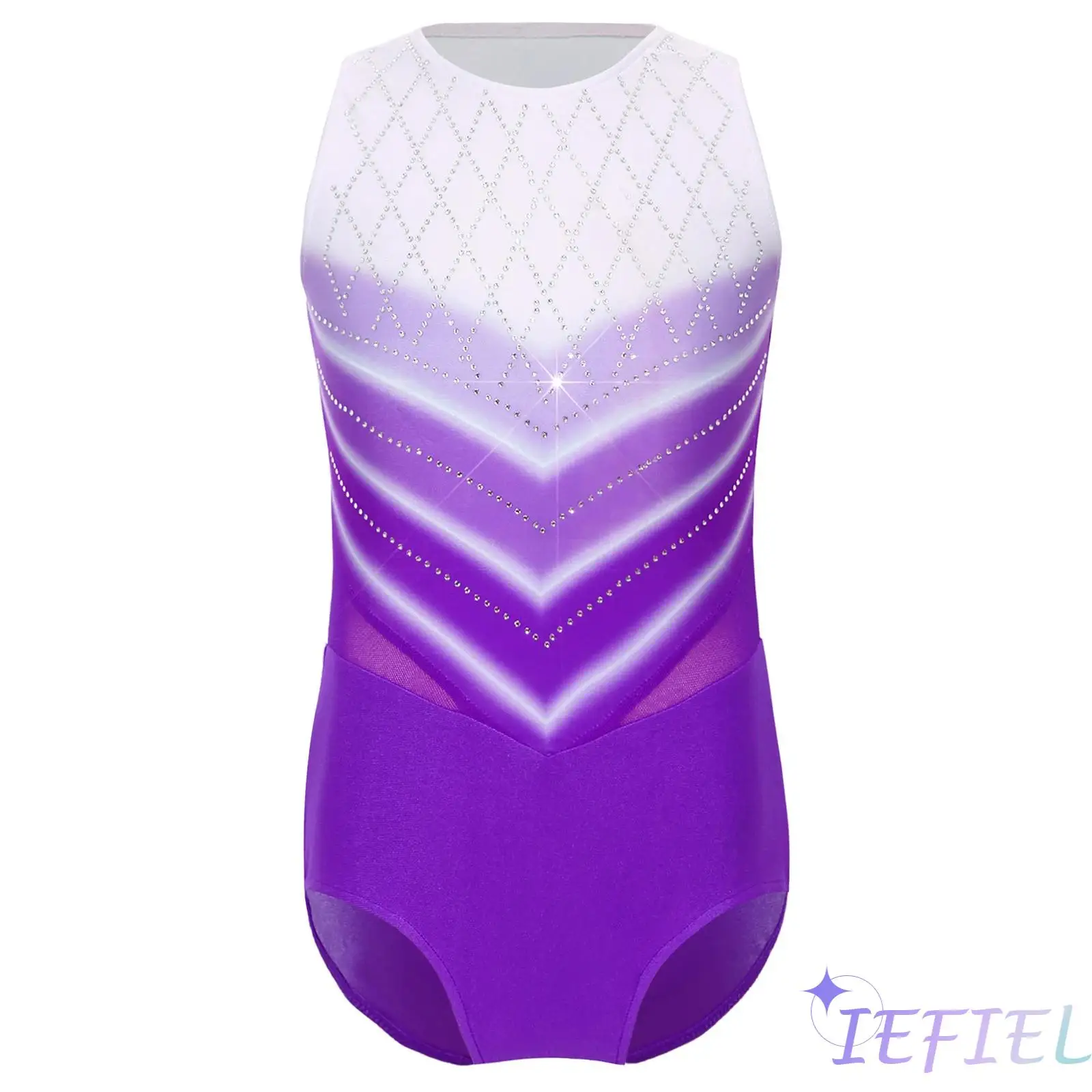 

Kids Girl Gymnastic Ballet Costume Sparkly Rhinestones Jumpsuit Sleeveless Gradient Color Design Leotard for Yoga Dance Training