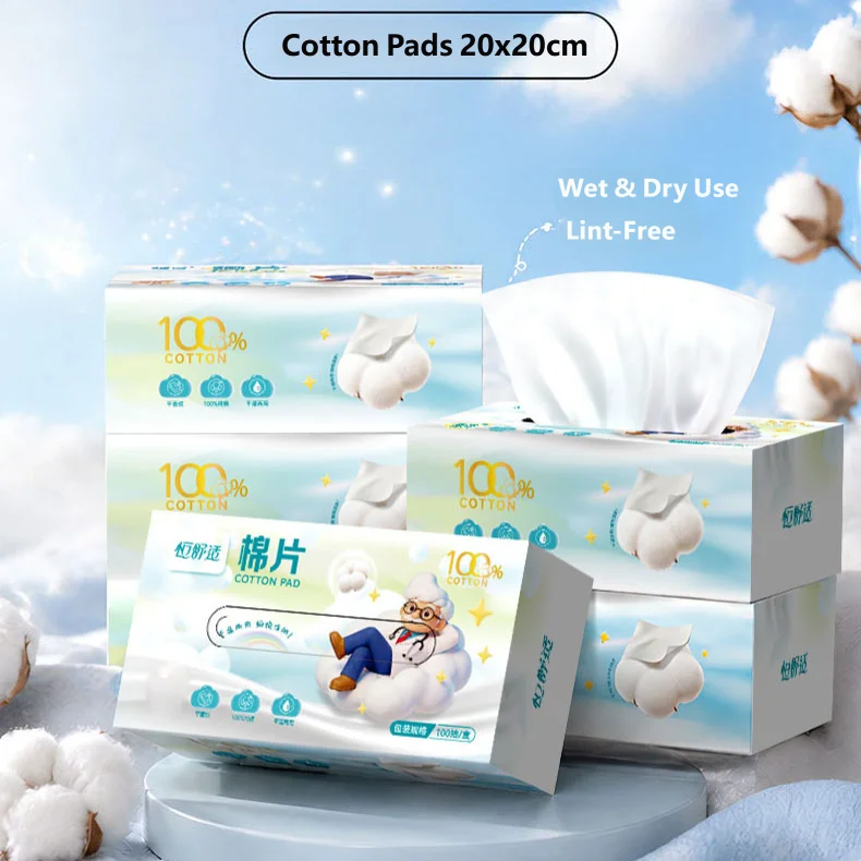 100%Pure Cotton Facial Cotton Pads 20x20cm Extra Large Thick Soft  Disposable Dry&Wet Use Makeup Remover Cotton Wipes 100pcs/Box