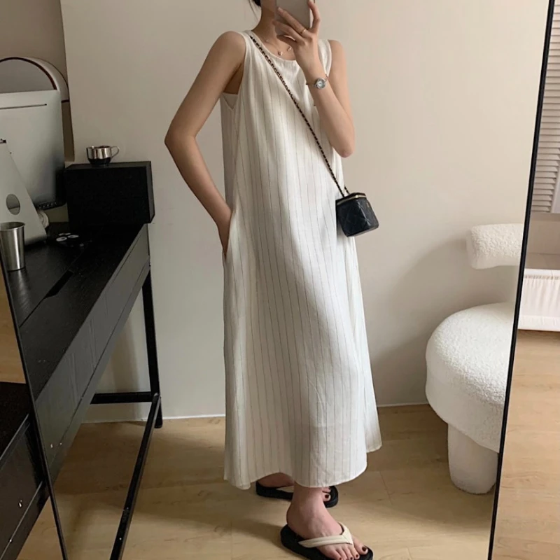REALEFT Summer High Waist Vintage Striped Cotton and Linen Women's Tank Long Dresses 2025 New Sleeveless Casual Loose Dresses