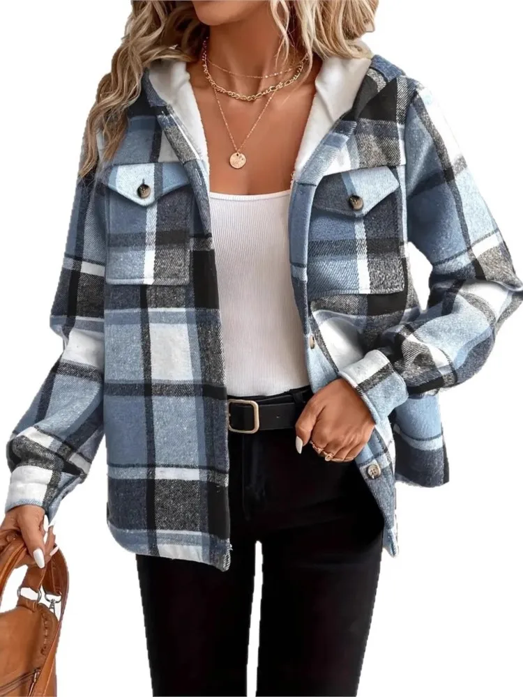 Women New Plaid Printed Hooded Baseball Jacket Autumn Winter Casual Velvet Warm Shirts Female Bottoming Thickened Shirt Coat