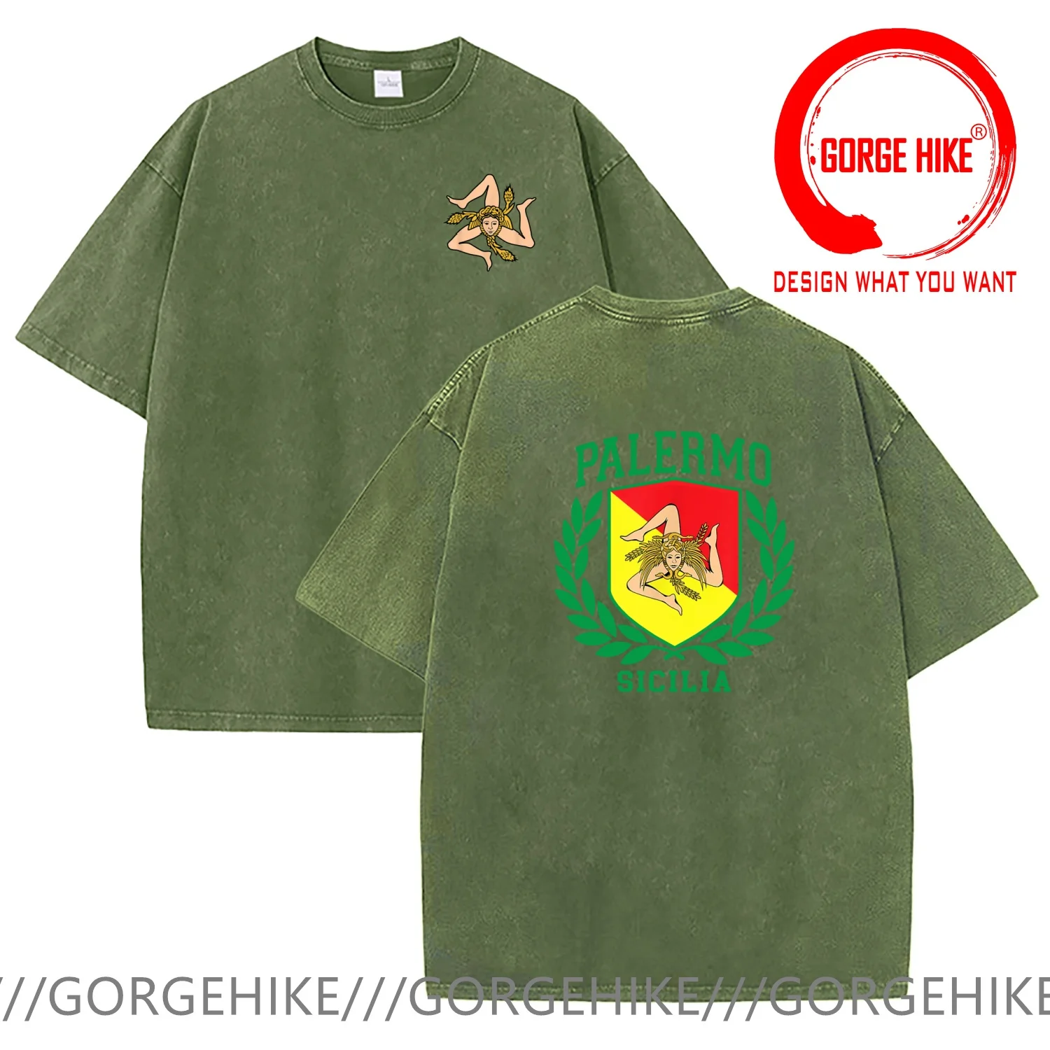 Vintage Washed Cotton T-Shirt Funny Designer Sicilia Flag and Shield with Trinacria - PalermoT Shirt Men Fashion Trendy Casual