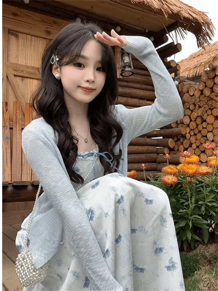 

Blue Floral Print Dr And Cardigan Set Women's Faion Date Night Outfit Long Sve round Ne Two-Piece Chic Autumn Spring
