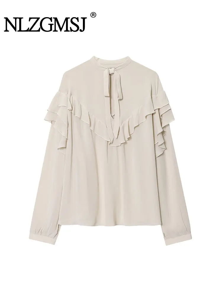 

NLZGMSJ Chic Women Blouse Solid O-Neck Bow Stacked Decoration Long Sleeve Blouse New Fashion 2025 Autumn Office Lady Shirts