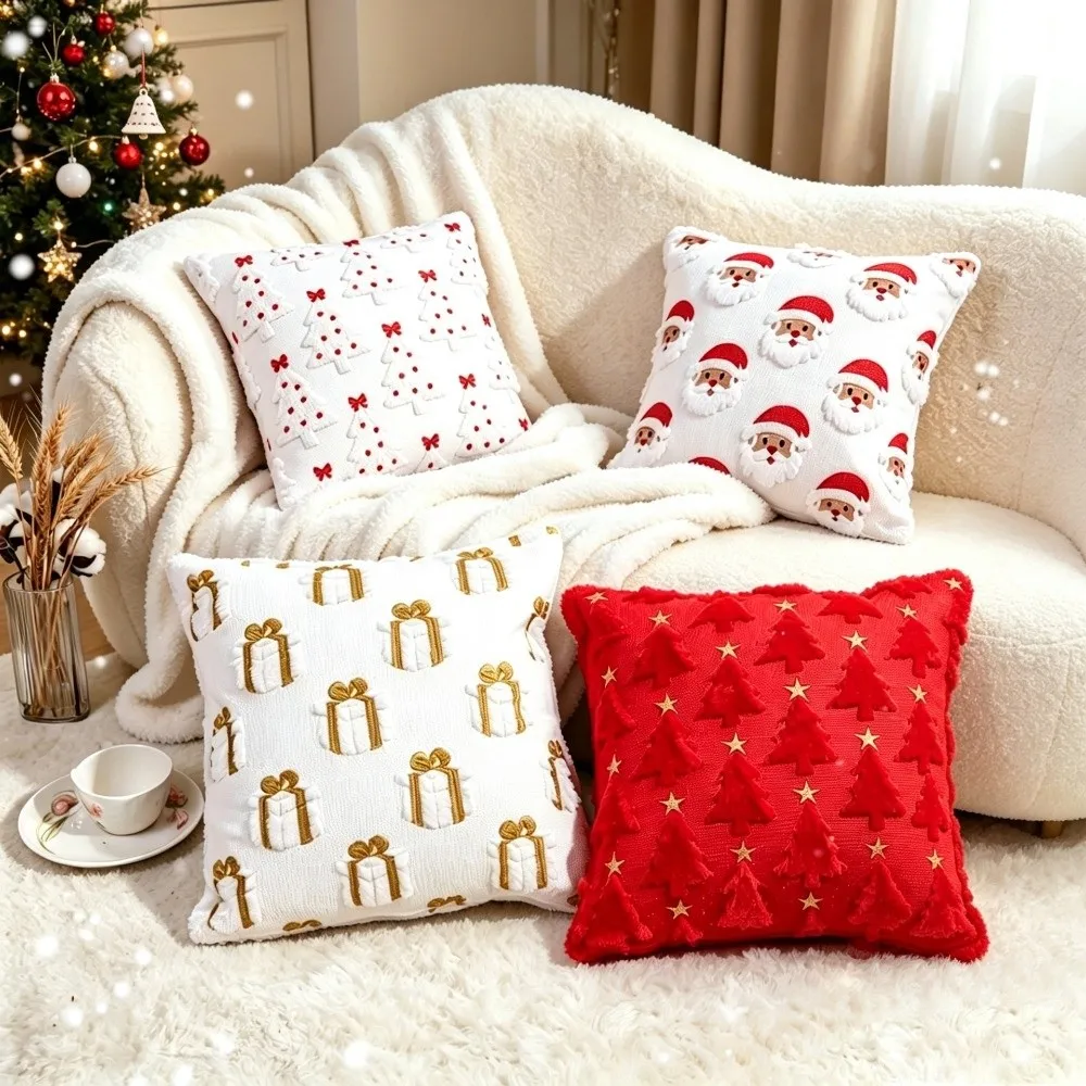 Washable Knitted Throw Pillow Cover 3D Embossed 45x45cm Cushion Cover Santa Polyester Xmas Decor Cushion Case Living Room