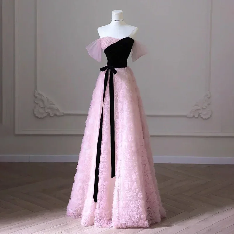 Abendkleid rosa Rose Tüll schwarzer Samt träger lose abnehmbare Ärmel a-Linie boden lang plus Größe Frauen Party formelle Kleider