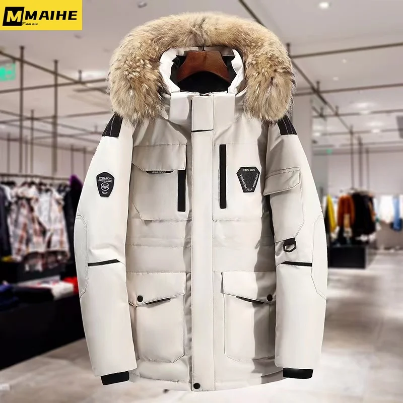 Piumino invernale da uomo caldo con cappuccio bianco piumino d'anatra Anorak uomo Parka medio lungo collo di pelliccia staccabile cappotto giacca impermeabile maschile