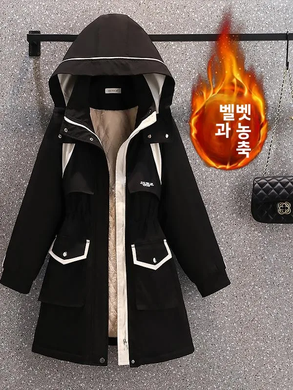 

plus Size Women's Bla Fce Lined Parka Coat Lamb Fur Jaet Autumn Winter Korean Sle Loose Fit Hooded Zipper Closure