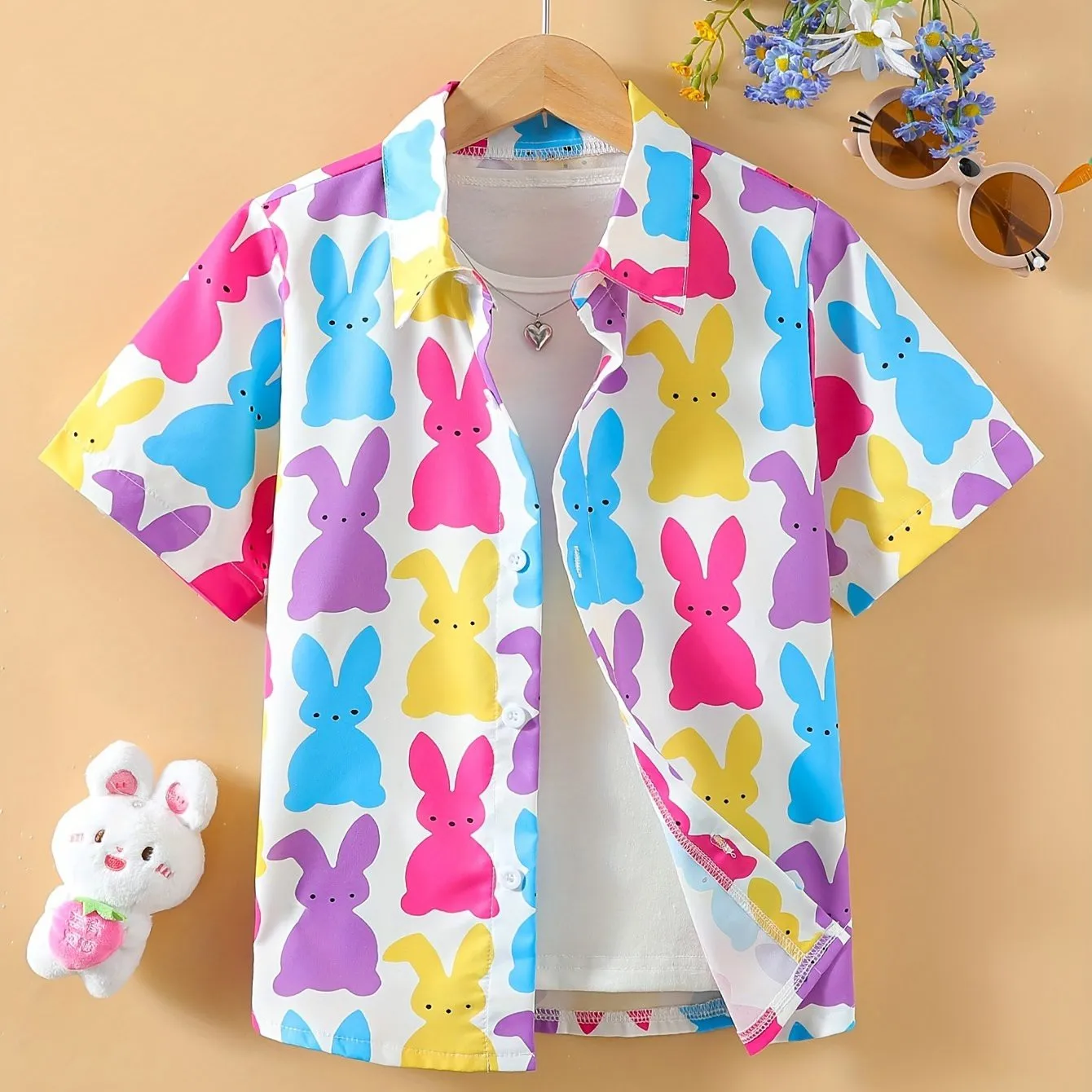 Boys Cartoon Bright Colors Pattern Hawaii Shirt Tops Short Sleeve Casual Comfortable Front Button Loose Summer Holiday Shirt