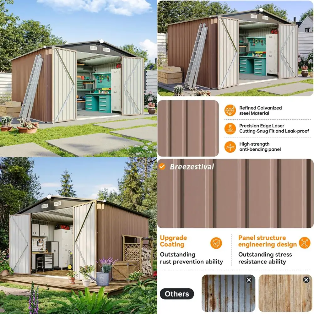 

Большой уличный металлический навес для хранения 10x10 — двери с двойной запирающейся крышкой, идеально подходит для садовых инструментов, велосипедов, генераторов, водонепроницаемого хранения во дворе.