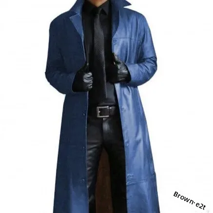 Casual Style Men's Long Leather Jacket Slim Fit Pure Color Gamble God Fashion Outerwear Casual Scène AE Stock Leather Coat