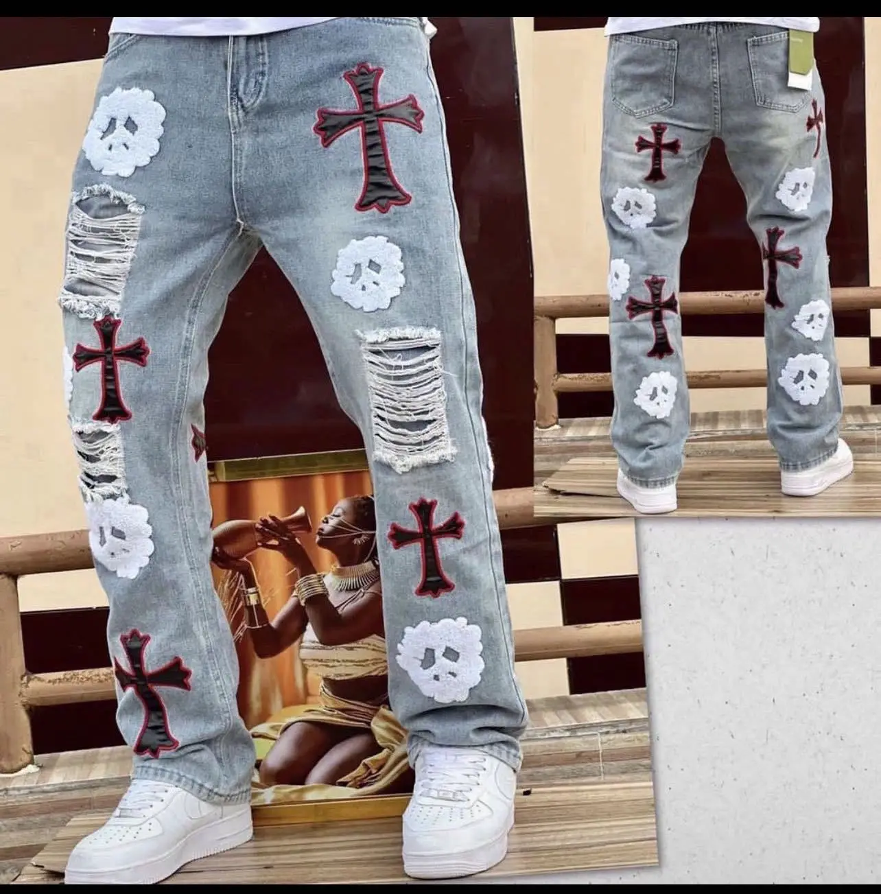 Y2K Retro Cross Men's Jeans Trendy Denim Hip Hop Trend Hot Sale Pants Ripped Casual Pants Trendy Brand Jeans Free Shipping