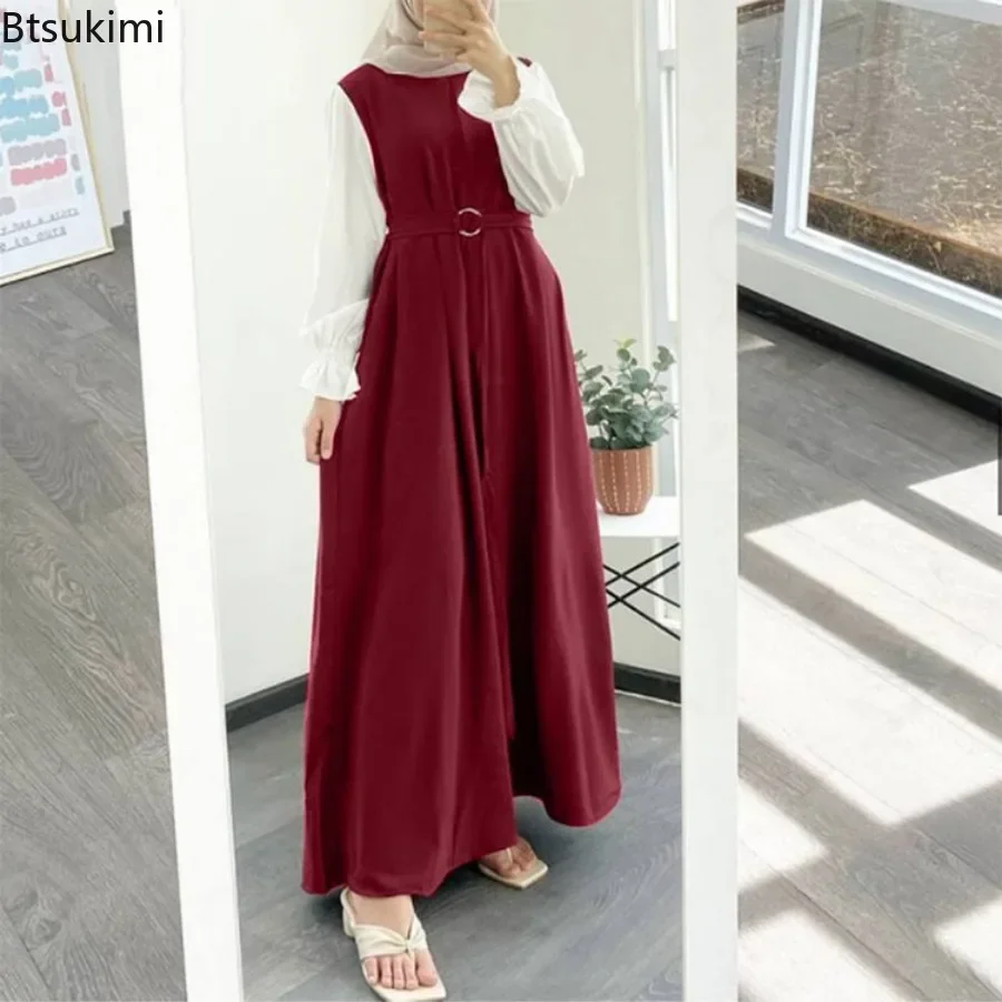 Kadınlar için 2023 Moda Müslüman Elbiseler Abayas Rahat Patchwork Uzun Kollu Maxi Elbise Kemer ile Suudi Arapça Kaftan Robe vestidos