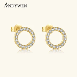 ANDYWEN New 925 Sterling Silver Gold Circle CZ Stud Earring Clips Piercing Pendientes Small Luxury Fine Jewelry Gift