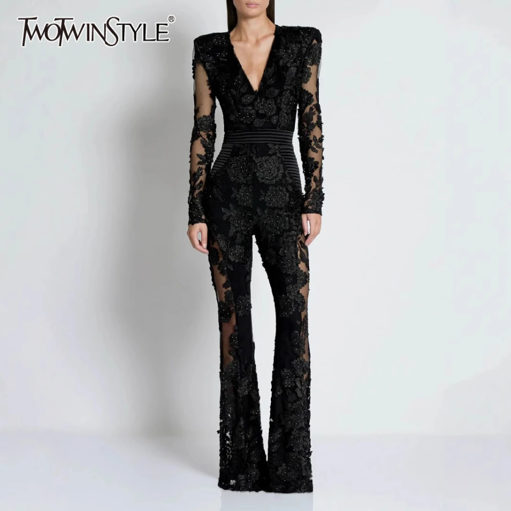 TWOTWINSTYLE Solid Slimming Spliced Embroidery Jumpsuits for Women V Neck Long Sleeves Patchwork Sheer Jumpsuit Female Clothing