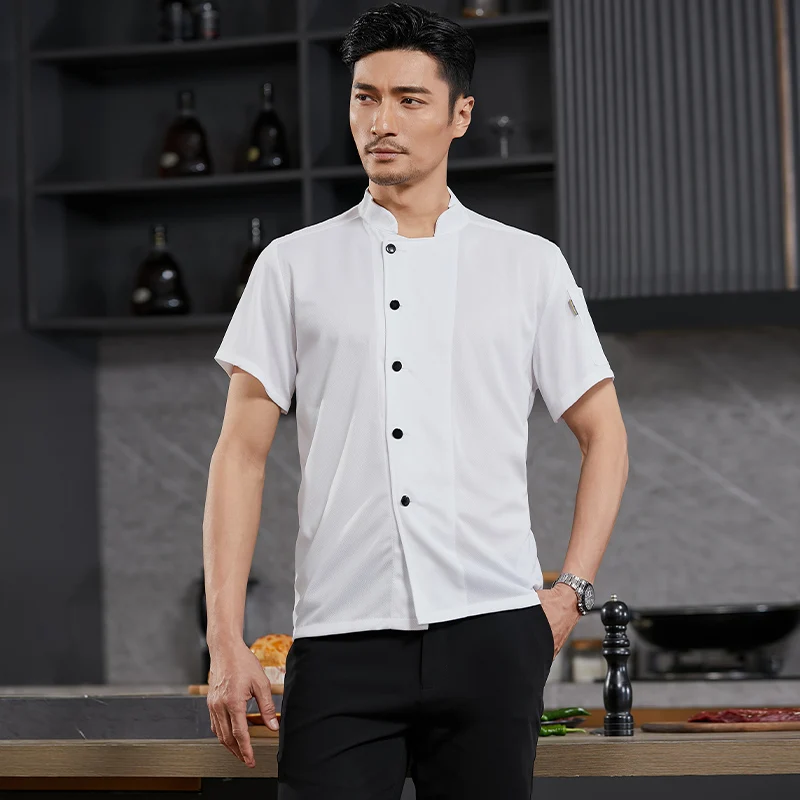 مجموعة زي تقديم الطعام في المطاعم، قميص عمل المطبخ ومريلة لخدمة الطعام، سترة الشيف بأكمام قصيرة للرجال والنساء