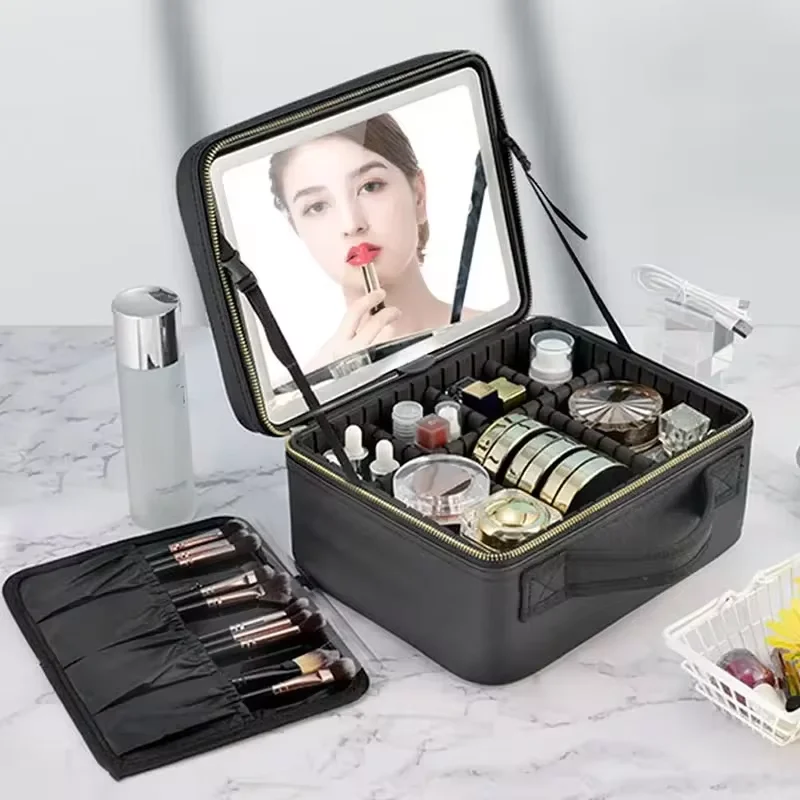 

Smart LED Cosmetic Case Mirror Travel MakeupBag Large Capacity Female Beautician Skincare Product Women Portable Dressing Mirror