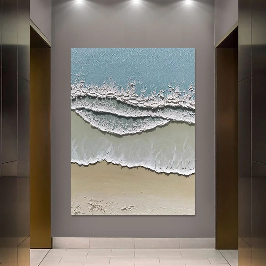 Frameless Abstract Oil Painting Modern Hotel Decor Wall, Blue Acrylic Knife Canvas Art, 3D Sea Wave Texture Hand Painted Picture