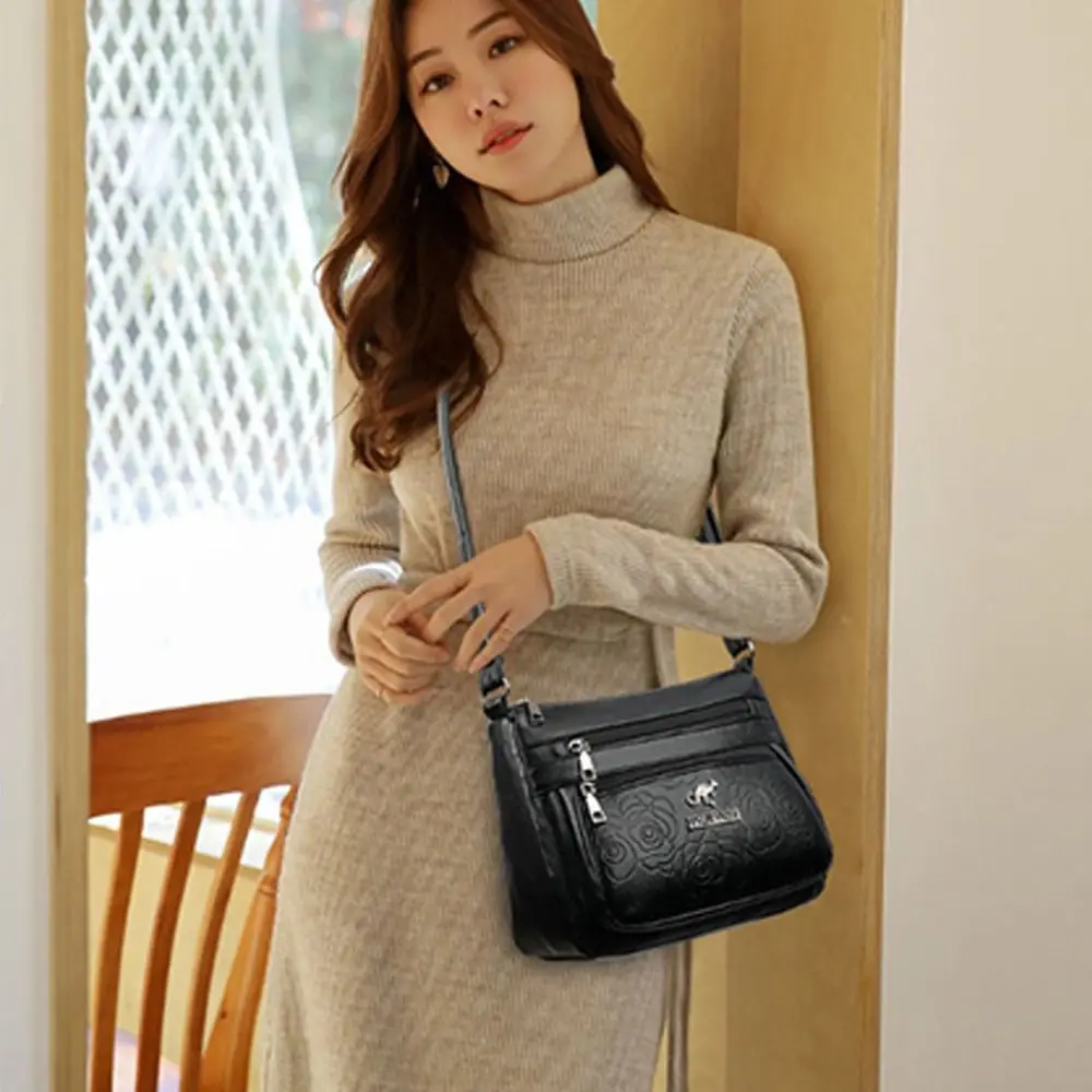 Leisure PU Leather Buying Vegetable Bag Large Capacity Multi-layer Middle-aged Mother's Bag Black Crossbody Bag Woman