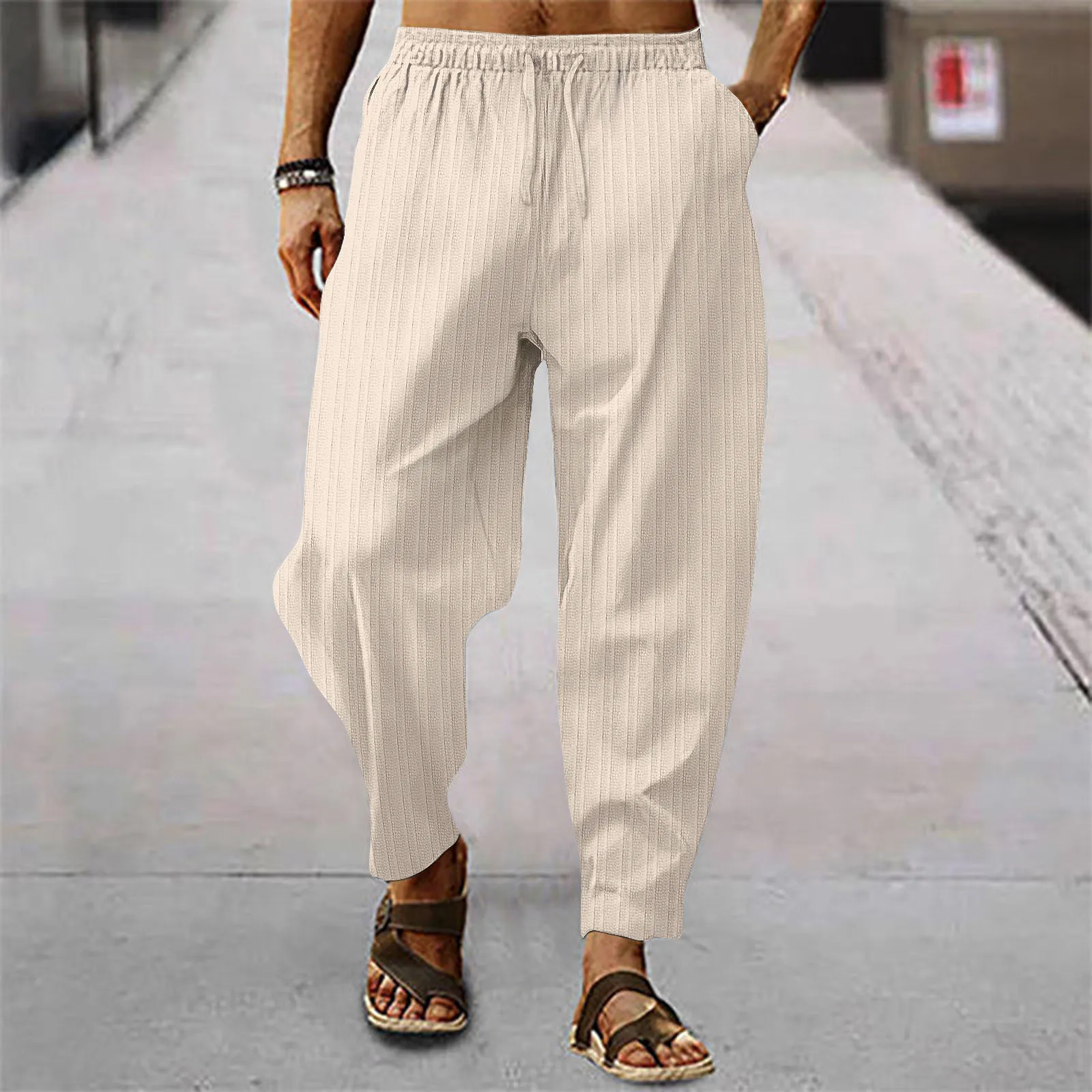 Trade AliExpress European and American Summer Men's Hip-hop Breathable Cotton and Linen Striped Loose Casual Sports Trousers