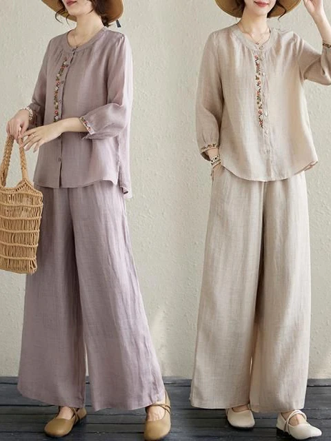 Ladies Large Size Spring Cotton Linen Set Casual Embroidered Top Fashionable Two Piece Suit Mom Style Chinese National Trend