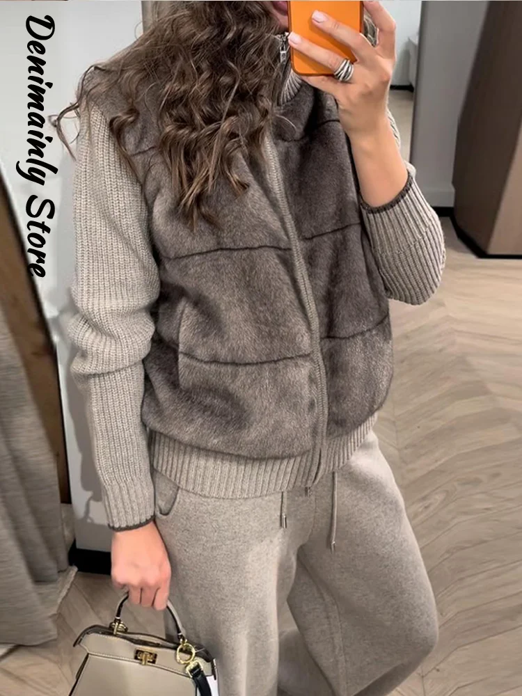 Elegant Faux Fur Twill Patchwork Knit Coat Women high Collar Zipper Full Sleeve Thick Jackets 2025 Winter Outwear 2026Spring New