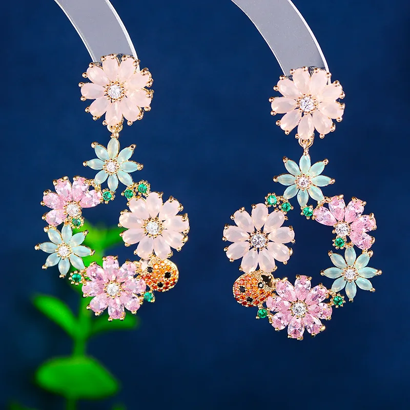 

Fashion personality exaggerated ladybug flower string Daisy flower micro-inlaid zircon earrings temperament female earrings