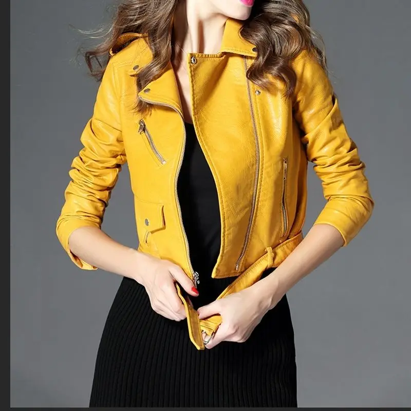 

2026New Women slim short leather jacket plus cotton high waist long sleeve lapel diagonal zipper leather coat pu motorcycle suit