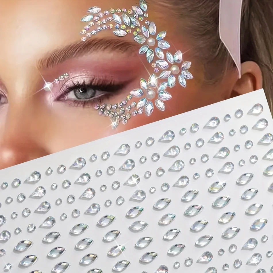 1 Hoja en forma de lágrima 3D brillante piedra preciosa cara pegatinas redonda gota de lágrima brillo strass diseños para la cara pelo cuerpo estética