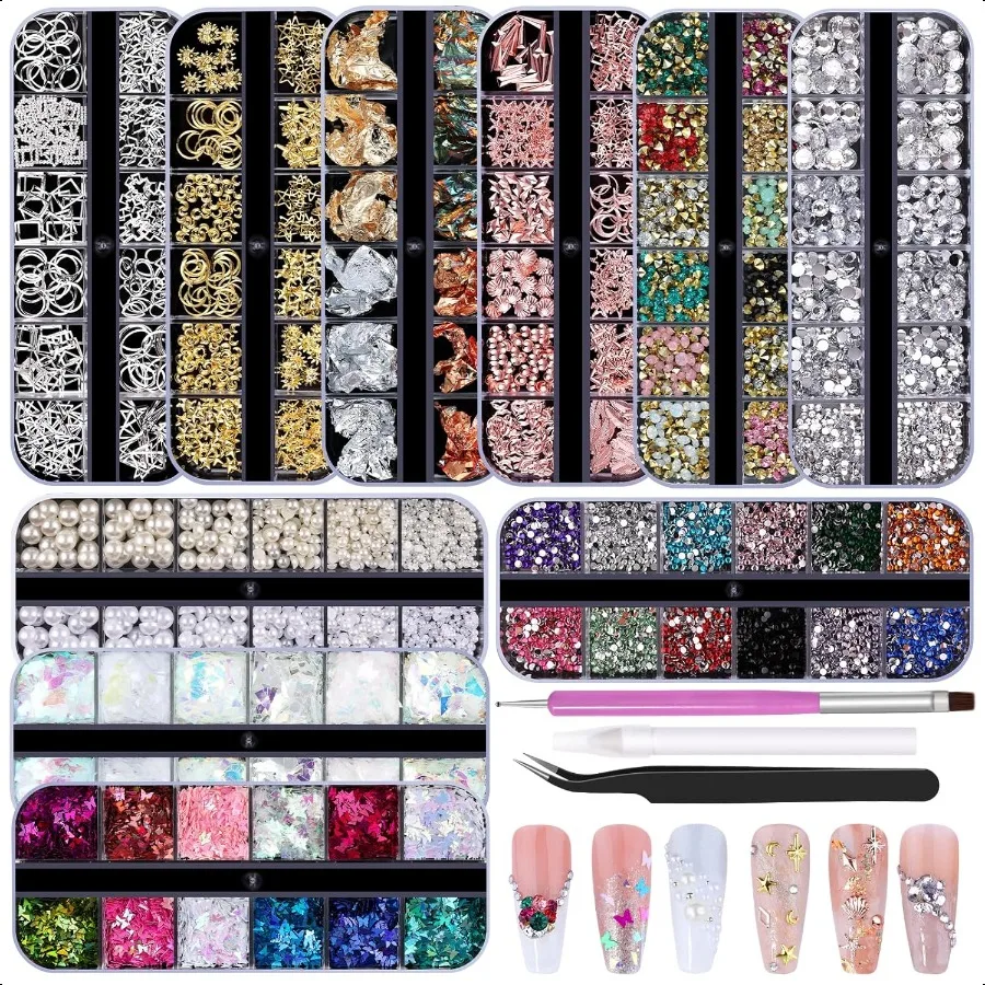 

10 Boxes Nail Art Kit 12 Colors Pointed Flatback Rhinestones 3D Gold Sier Rose Nail Studs White Beige Half Pearls Holographic G