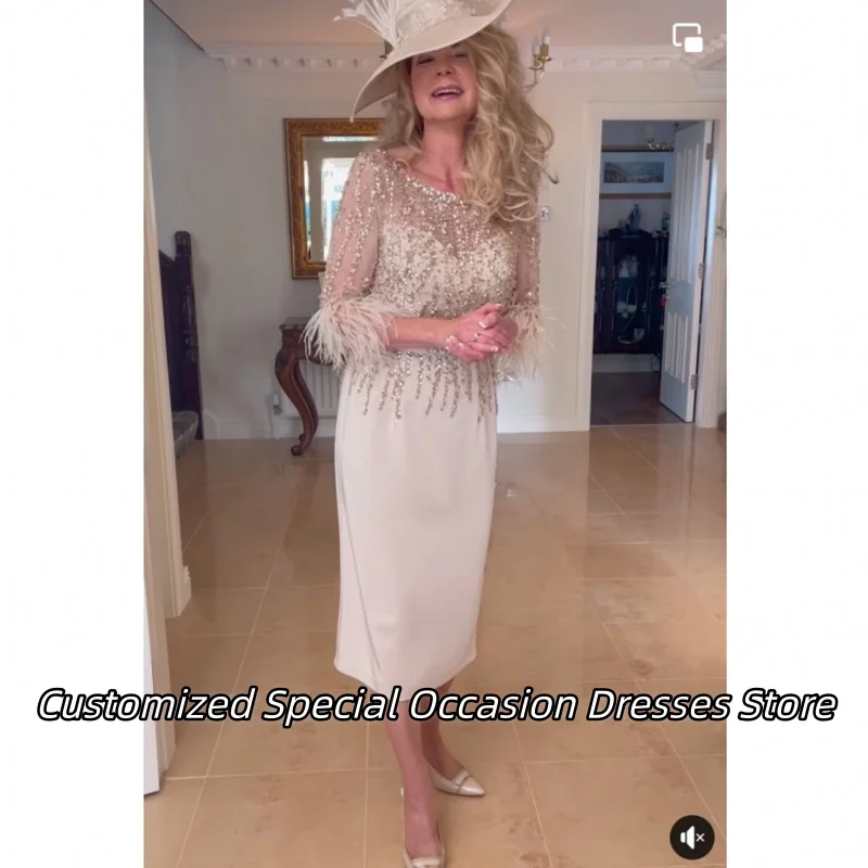 

Customized Exquisite Beaded Tea-Length Mother Dress Luxury Feather Party Evening Dresses For Women Formal Outfit Vestido De Gala