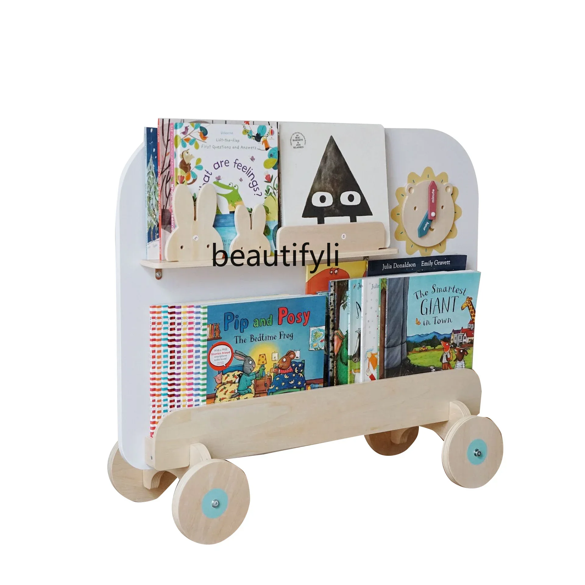 Estantería sencilla para libros con imágenes de bebé, pequeño juguete de almacenamiento de lectura de libros multicapa de suelo a techo, carrito móvil dos en uno