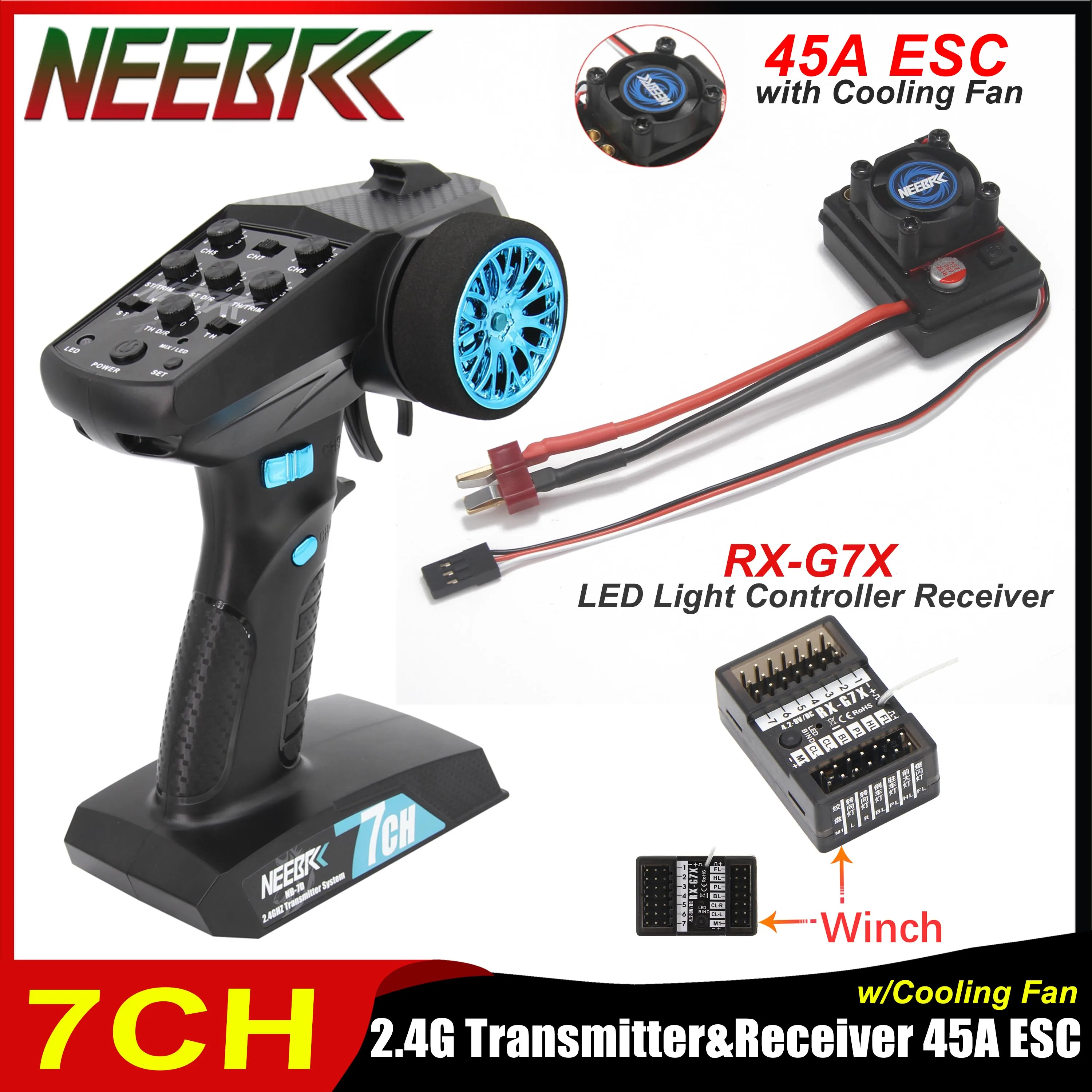 NEEBRC 7CH 2.4Ghz Transmitter & LED Light Controller Receiver 2-3S 45A ESC Combo for RC Car Truck Crawler Buggy Boat Accessories