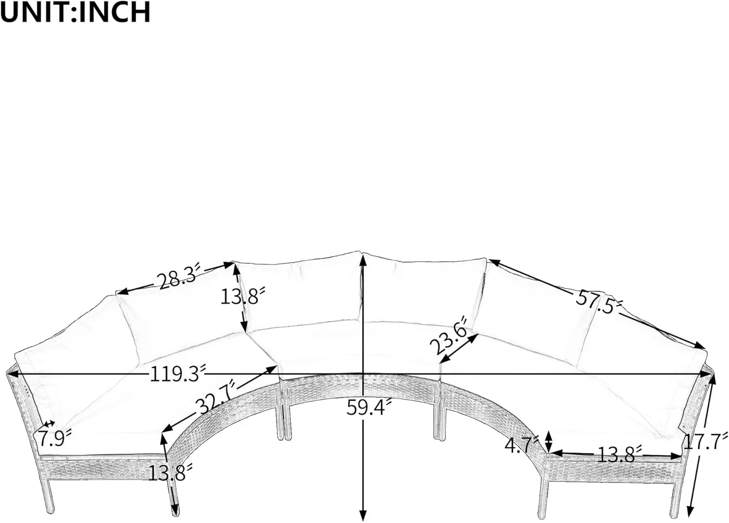 3-częściowy zestaw mebli ogrodowych Half Moon, na każdą pogodę, rattanowa wiklinowa zakrzywiona sofa segmentowa do rozmów z grubą poduszką