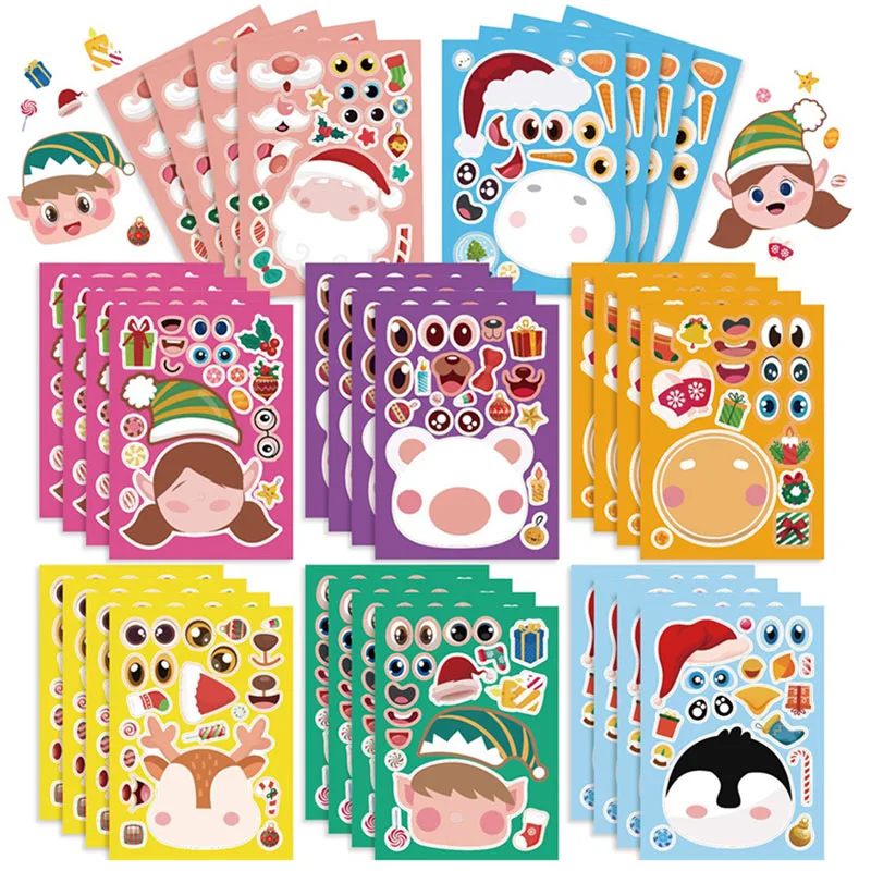 6-24Sheets DIY Make A Face Stickers Make Your Santa Claus Snowman Craft Stickers Puzzle Jigsaw Kids Boys Girls Christmas Gifts