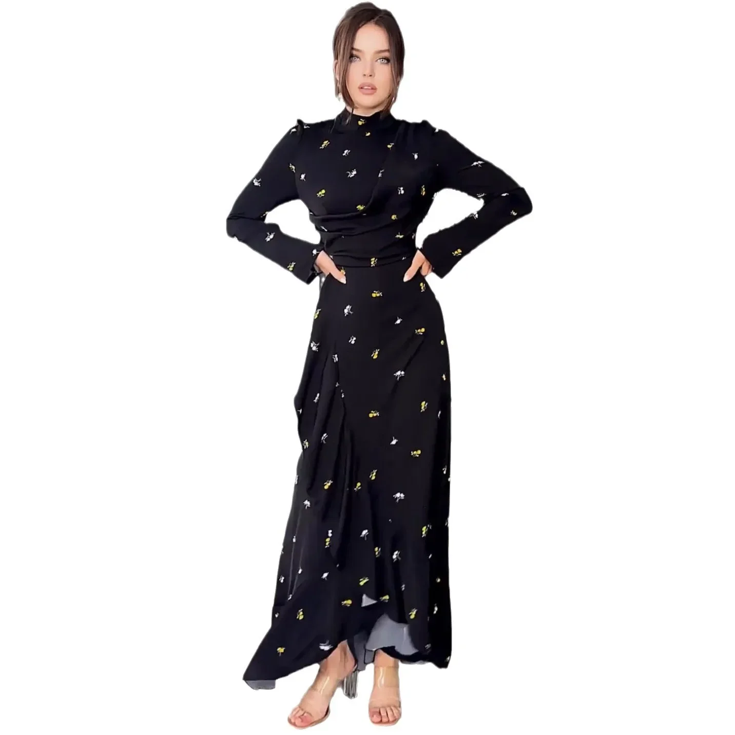 Vestido musulmán Eid para mujer, estampado de cuello alto, Ramadán, Marruecos, caftán árabe, volantes, ajuste Delgado, Abayas