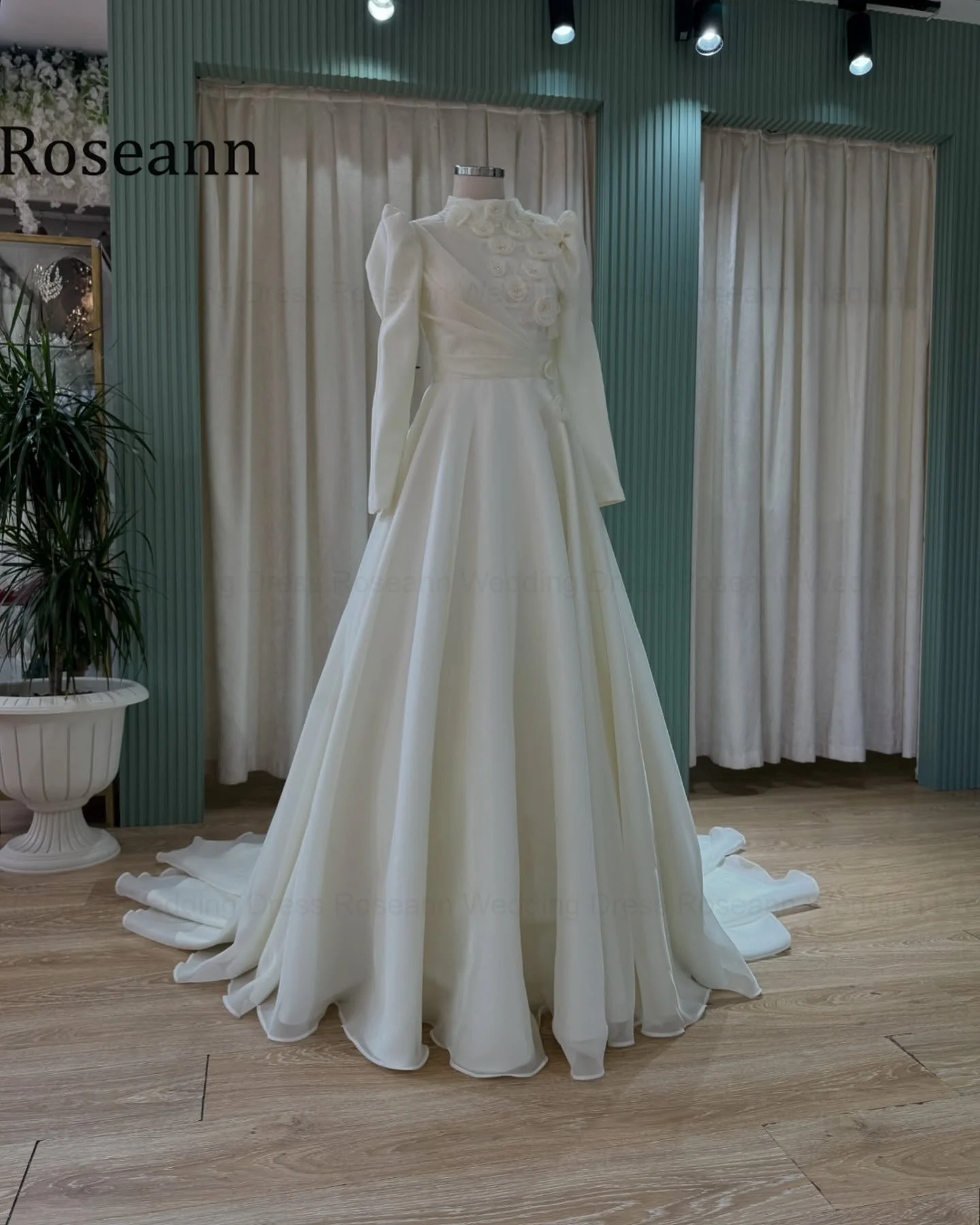 Roseann Wedding Dress Modest Satin Muslim High Neck Puff Long Sleeve 3D Floral A Line Train amanda novias Bridal Gown Customized