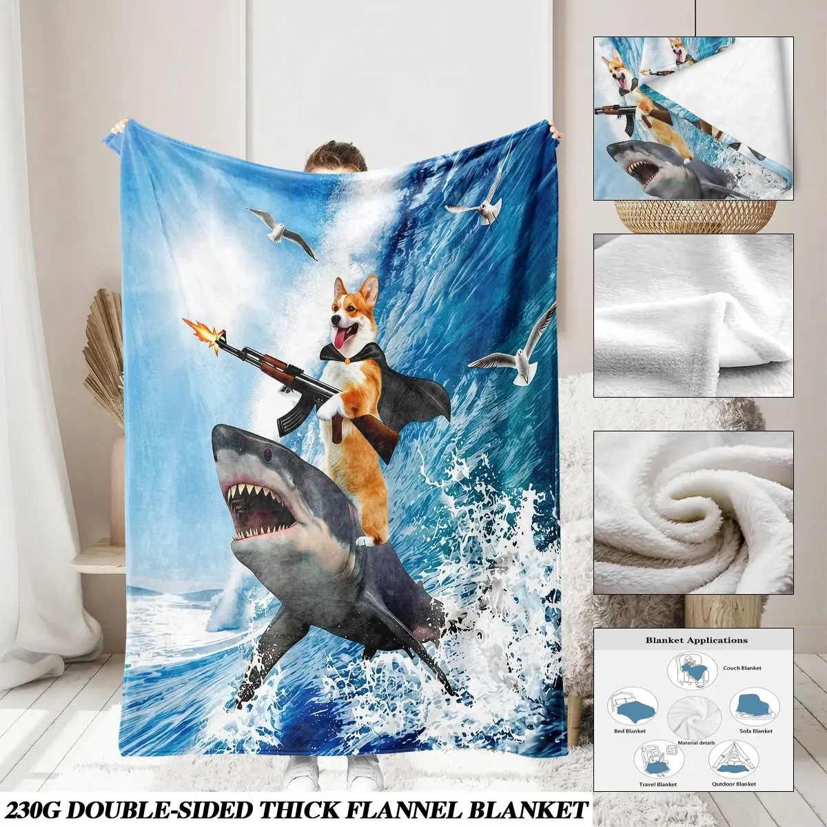 Funny Dog Shark Action Movie Scene Throw Blanket for Beach Party Gifts Novelty Home Decor
