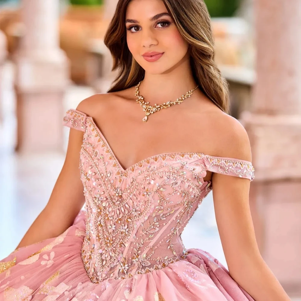 Gaun Prom merah muda Quinceanrra yang indah indah dari bahu putri manik-manik payet panjang berkilau manis 16 gaun Vestidos