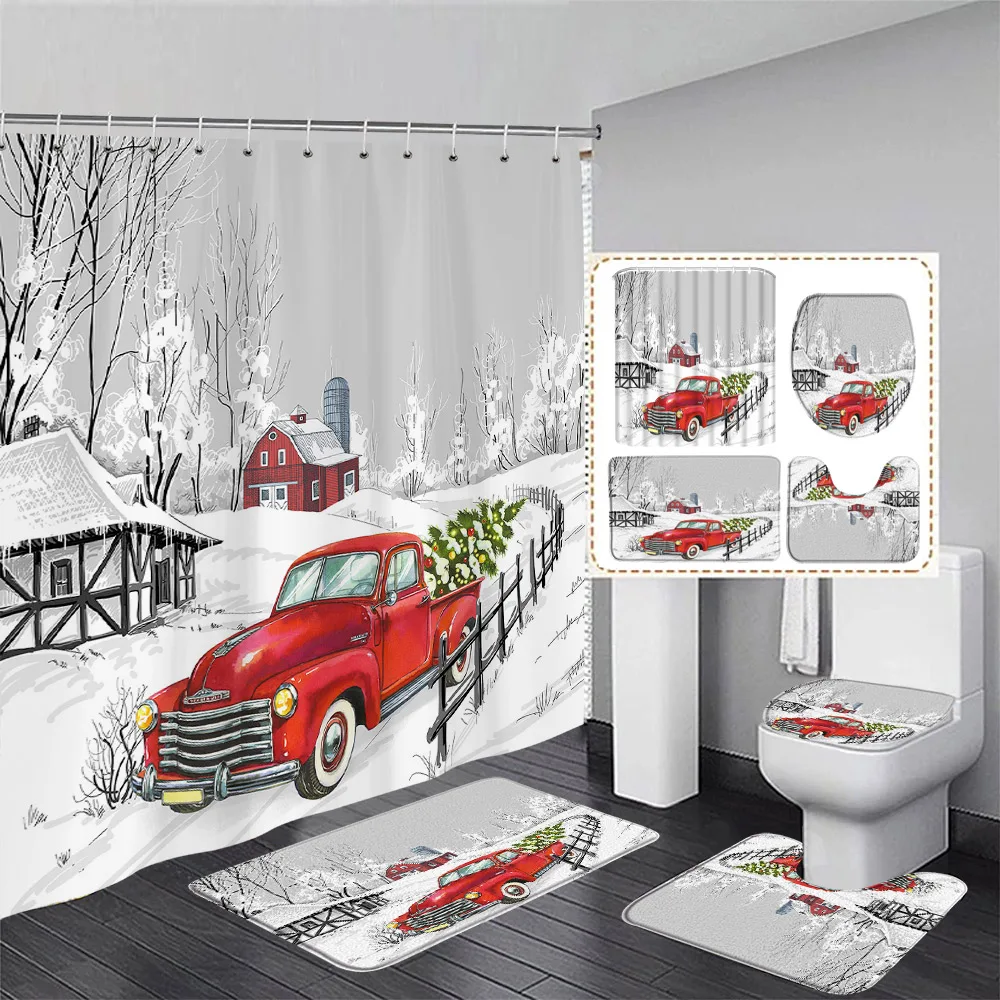 Cute Snowman Christmas Shower Curtain Set Winter Wooden Fence Red Bird Snowy Scenery Xmas Bathroom Decor Bath Mats Toilet Cover