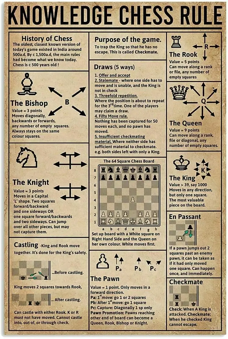 Metal Sign Knowledge Chess Rule Retro Nostalgic Metal Poster School Bar Cafe Infographic Tin Sign 12x16Inches sign