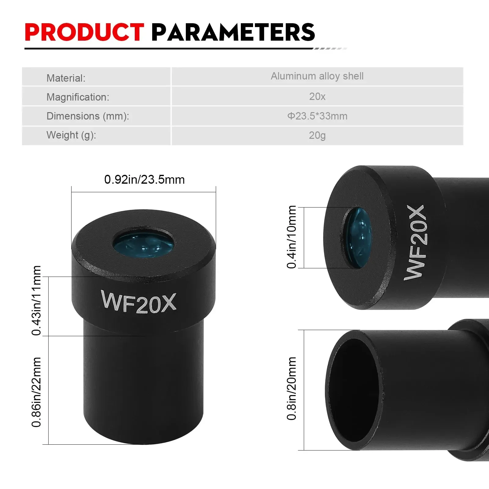 Datyson WF20X Widefield Microscope Eyepiece, 20mm Mount Metal Lens, Biological Microscope Accessory #W2X0033
