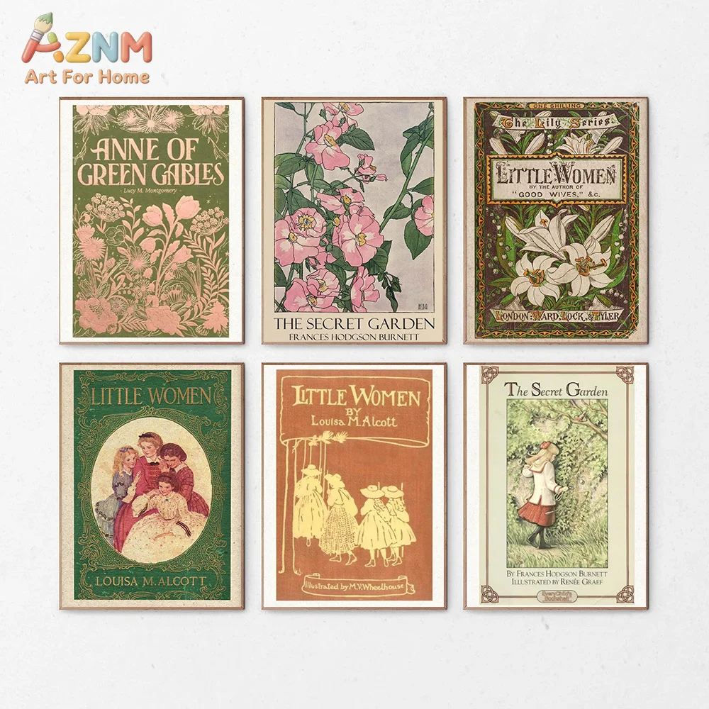 AZNM Vintage Classic Book Cover Canvas Wall Art Print, Little Women Secret Garden Anne of Green Gables Floral Retro Literary Lib