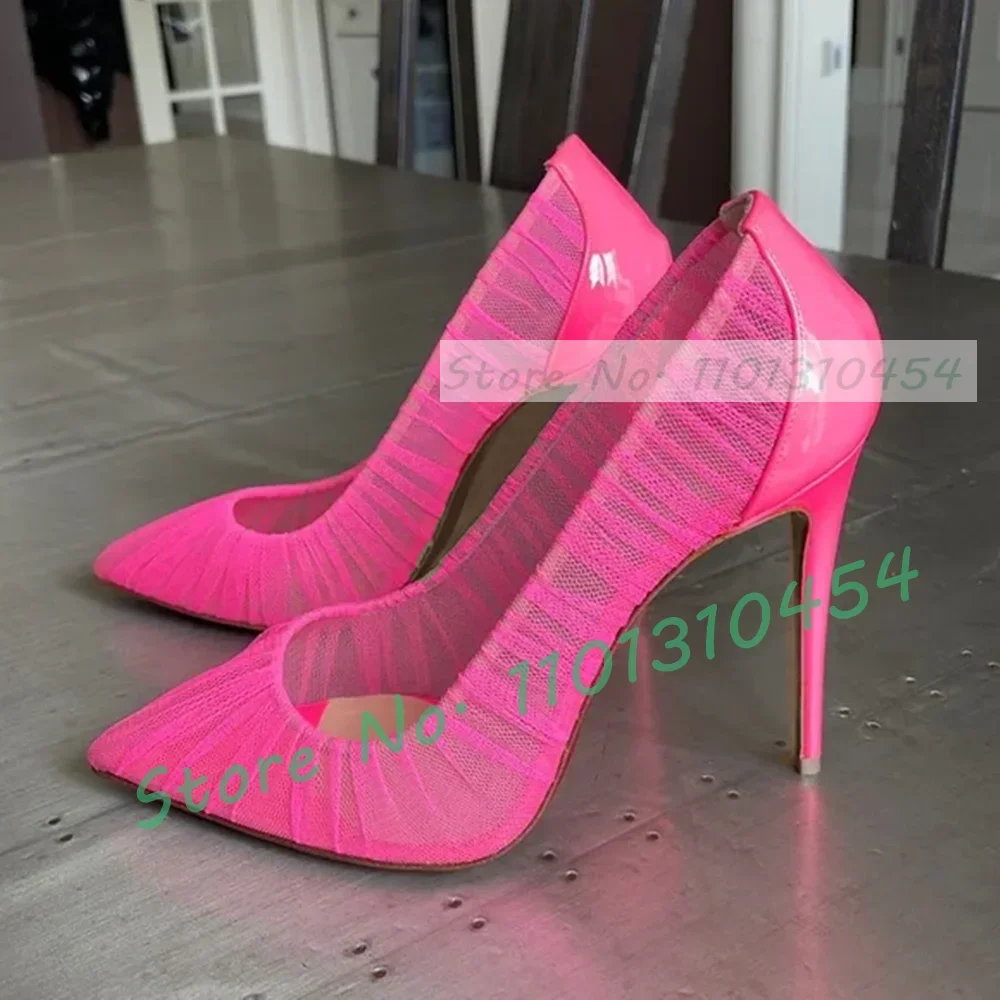

Pink Folded Tulle Breathable Pumps Women Pointy Toe Comfy Luxury Beige Shoes Ladies Elegant Dreamy Summer Mesh Stiletto Pumps