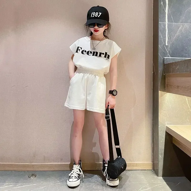 Girls Summer Fashion Korean Style 2024 New Short Sleeve T-shirt+Pants 2PCS Sets Teenage Kids Leisure Streetwear Children Clothes