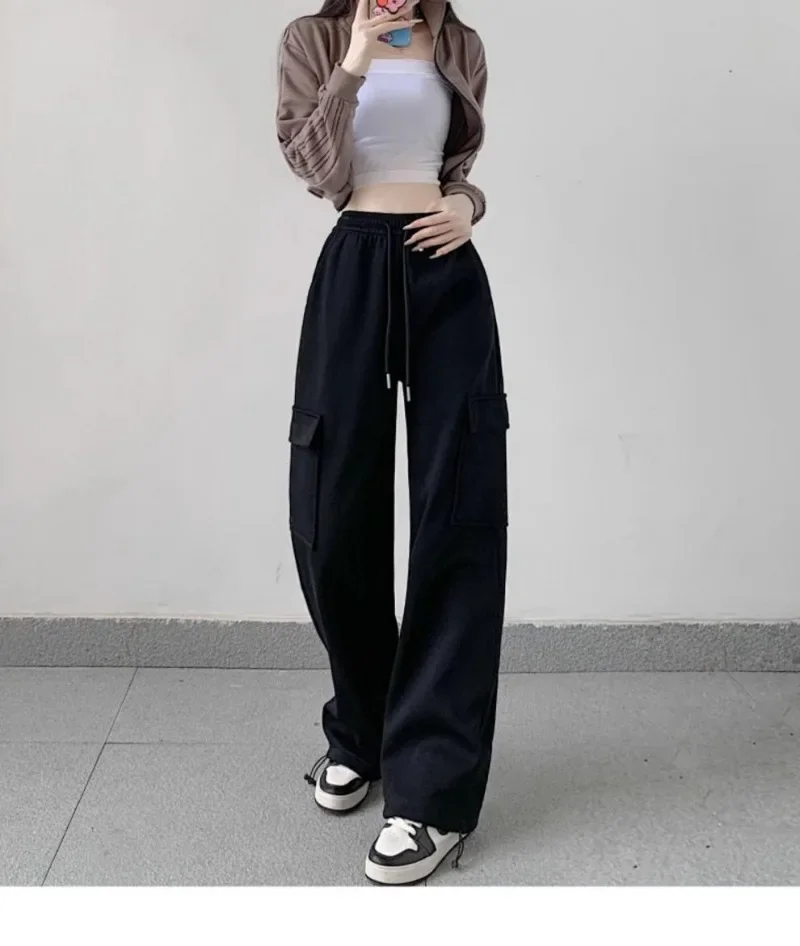 Spring Black Pants Straight Cargo Pants Women High Waist Loose Trousers Korean Vintage Wide Leg Cargo Sweatpants for Women Y2k